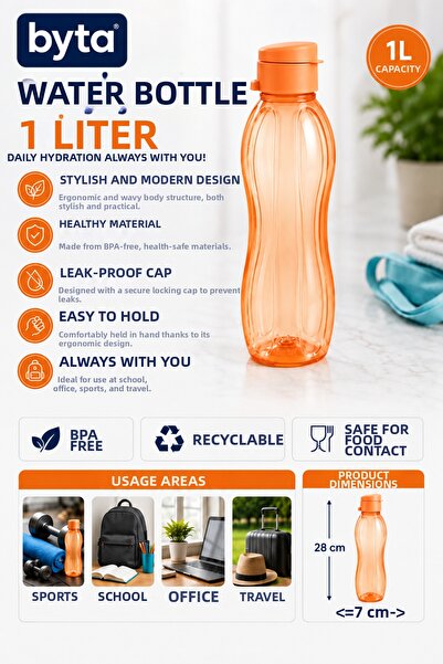 BYTA 1 Liter Leak-Proof Water Bottle Flask Bpa-Free Ergonomic Design Sports S...