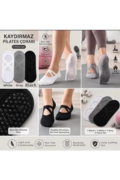 Generic Brand Set of 3 Non-Slip Silicone Sole Seamless Combed Cotton Pilates ...
