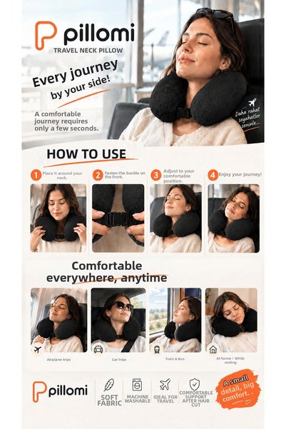 Pillomi Travel Neck Pillow Washable Journey Pillow Airplane Bus Car Train Pillow Fiber Filled