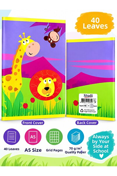 kumkumticaret A5 Checkered Notebook 40 Sheets Cat Pattern Cute School and Cla...
