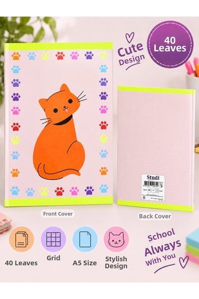 kumkumticaret A5 Checkered Notebook 40 Sheets Cat Pattern Cute School and Cla...