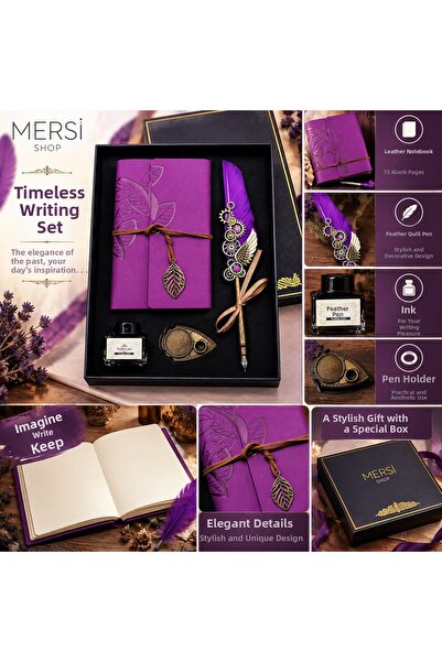 Mersi SHOP طقم قلم ديفيت مزخرف بالريش ودفتر ملاحظات جلدي مع حبر، طقم كتابة مز...