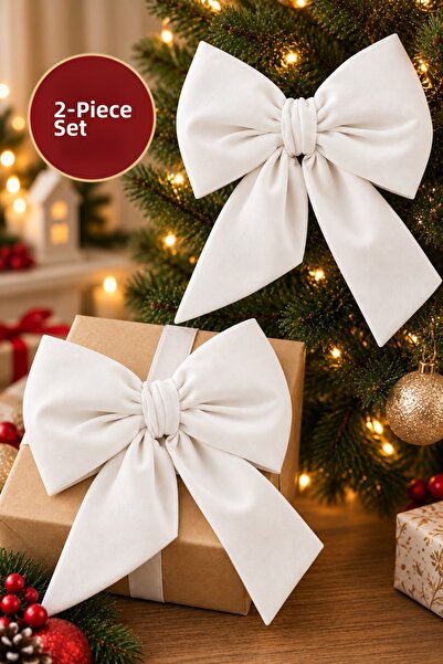 Beige & Stone Mini Size White Fabric Bow Christmas Pine Tree Ornament Decorat...