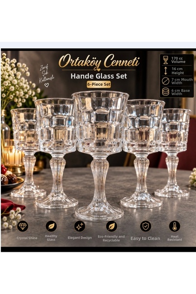 ORTAKÖYCENNETİ Footed Goblet Glass, 6 Pieces, 170 Cc Volume, 16 cm Length, 7 ...