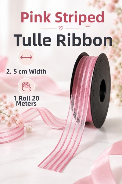 kubbe tekstil aksesuar Pink Striped Chiffon Ribbon 2.5 cm – 1 Roll 20 Yards G...