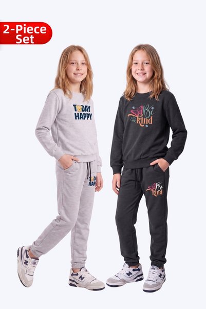 FYK COLLECTİON Set de trening pentru fete, 2 piese, imprimat, cu gât tip crewneck și buzunare duble
