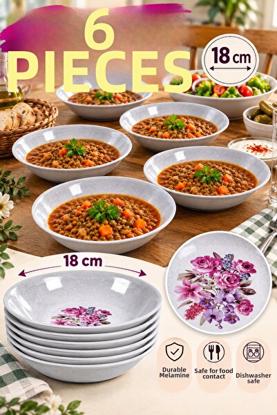Binbirreyon 6 Pieces Floral Patterned Melamine Plate Set 18cm Gray Restaurant...