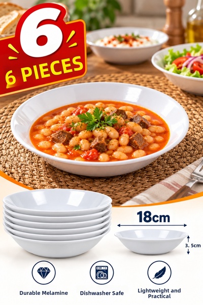 Binbirreyon 6 Pieces of Melamine Plates 18cm White Restaurant Home Type Plate...