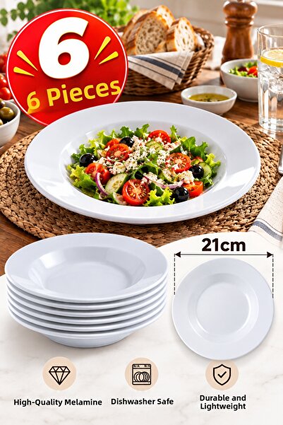 Binbirreyon 6 Pieces Melamine Plate Deep Plate Bright White 21cm Restaurant H...