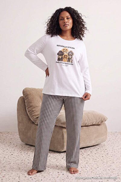 Trendyol Curve Ecru-Black Dog Printed Checkered Knitted Large Size Pajama Set...