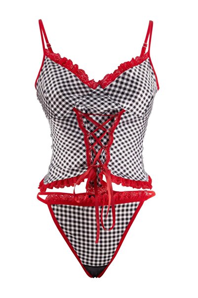 Trendyol Collection Black Satin Plaid / Checkered Capless Lingerie Set Thmaw2...