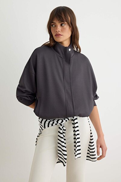 TRENDYOLMİLLA Antrasit Soft/Yumuşak Dokunuşlu Fermuarlı Oversize/Geniş Kesim ...