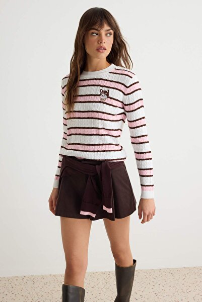 Trendyol Collection Ecru Embroidery Detailed Striped Knitwear Sweater Twoaw27...