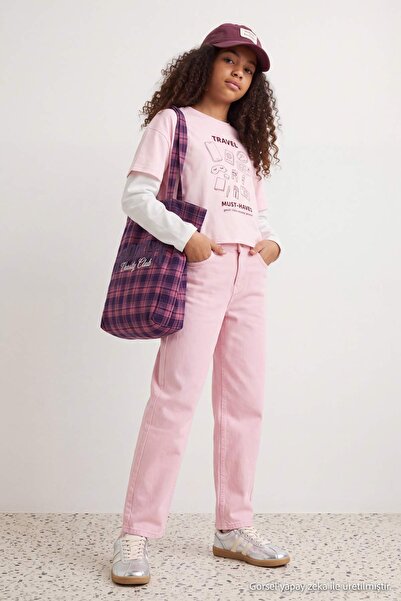 TRENDYOLKIDS Pink Flexible Fabric Girls' Adjustable Elastic Jean Trousers Tkd...
