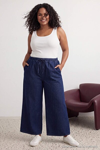 Trendyol Curve Koyu Mavi DÖKÜMLÜ Beli Lastikli Yüksek Bel Wide Leg Jeans TBBA...