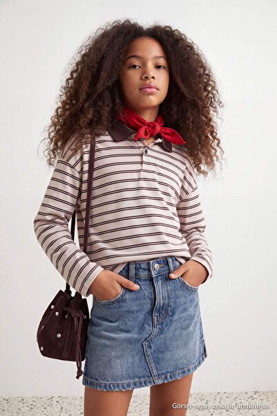 TRENDYOLKIDS سويت شيرت محبوك مخطط باللون البني للفتيات TKDAW27SW00031