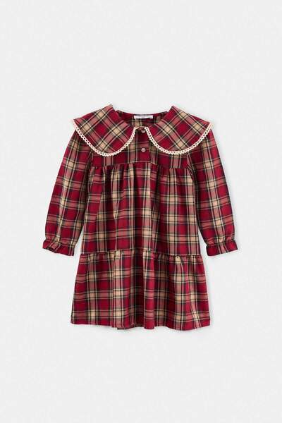TRENDYOLKIDS Burgunderfarbenes Maxi-Karo-/Plaid-Strickkleid TKDAW27EL00022