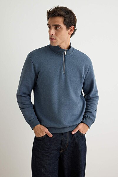 TRENDYOL MAN Indigo Regular/Normal Kesim Dik Yaka Kalın İçi Polarlı Sweatshir...