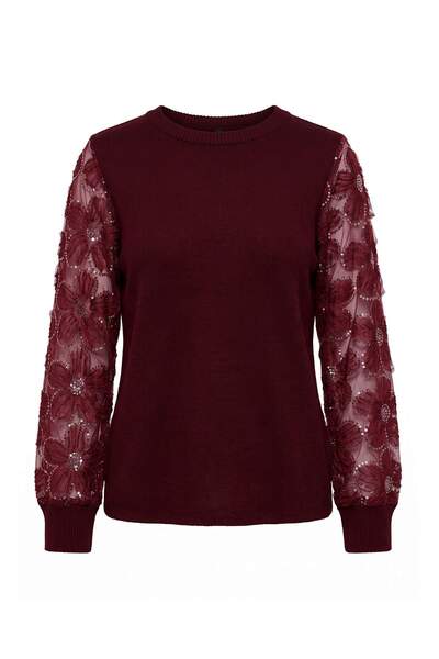 Trendyol Kollektion Burgunderroter, mit Tüll verzierter Strickpullover mit Är...