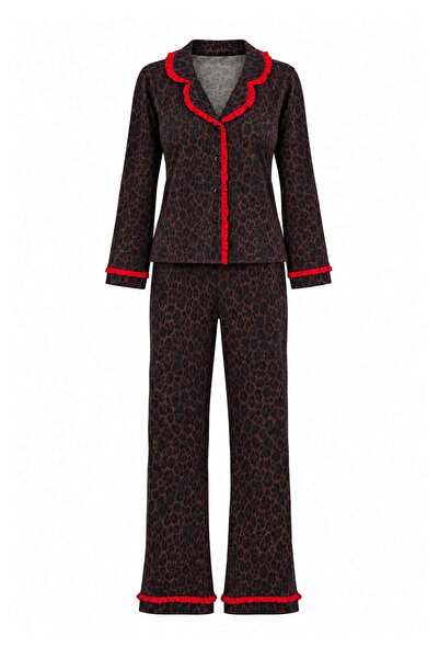 Trendyol Collection Brown 100% Cotton Leopard Patterned Frilly Knitted Pajama...