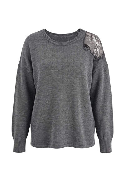 Trendyol Curve Anthracite Lace Detailed Soft Textured Knitwear Large Size Swe...