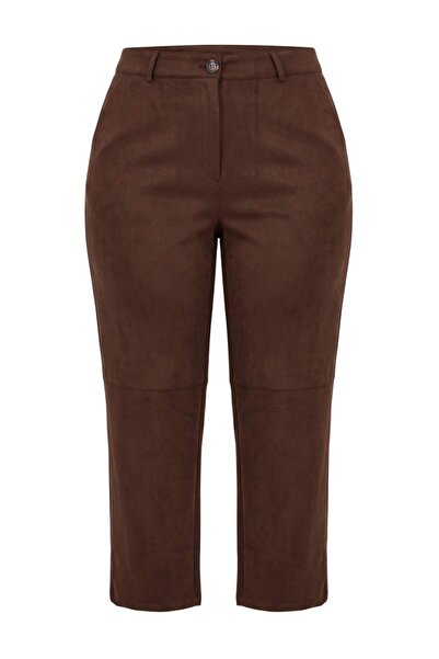 Trendyol Curve Brown Suede Woven Large Size Trousers Tbbaw27Ar00026