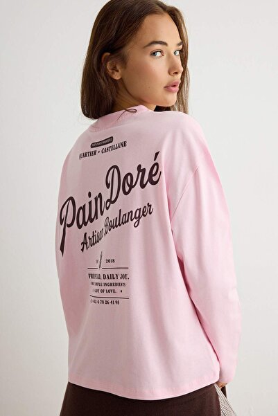 Trendyol Collection Pink 100% Cotton Slogan Printed Oversize/Wide Cut Knitted...