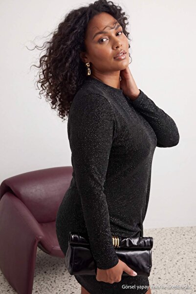 Trendyol Curve Black Glitter Knitted Short Stylish Evening Dress Night Gradua...