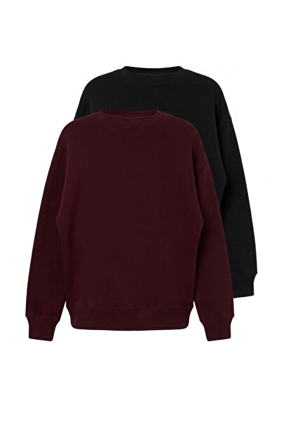 Trendyol Collection Black-Burgundy 2-Pack Oversize Cut Basic Thick/Fleece-Lin...