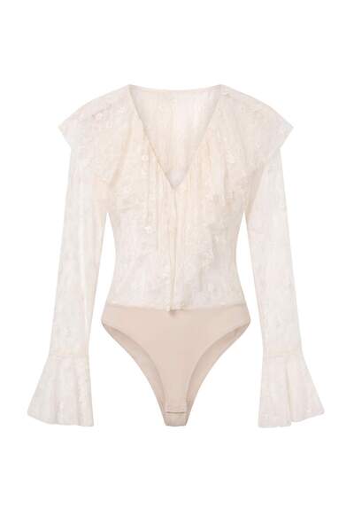 Trendyol Collection Ecru V-Neck Flounced Bohemian Lace Bodysuit Tpraw27Bd00014