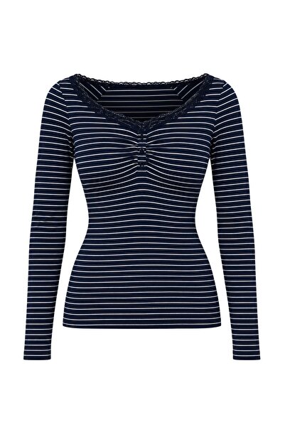 Trendyol Collection Navy Blue Striped Fitted Lace Detailed Buttoned Knitted B...