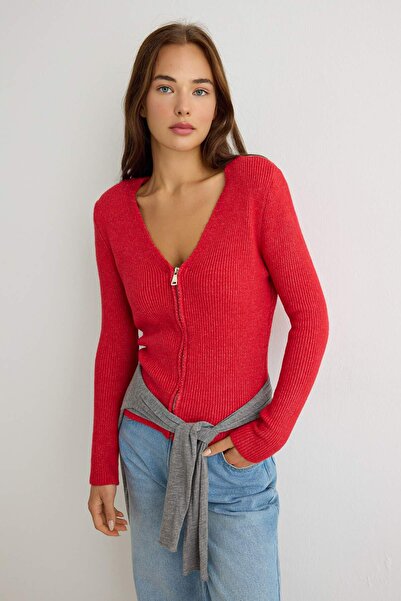 Trendyol Collection Red V-Neck Basic Soft Textured Knitwear Cardigan Twoaw27H...