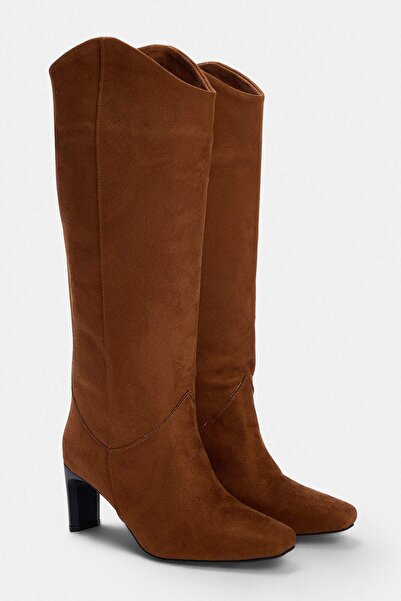 TRENDYOL SHOES Tan Suede 6.5 cm Women's Asymmetrical Cut Boots Takaw27Cz00014