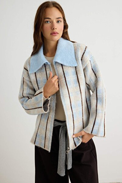 Trendyol Collection Light Blue Plaid Detailed Zippered Oversize Knitwear Card...