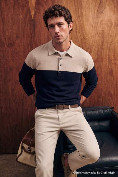 Trendyol Collection Navy Blue-Beige Regular/Normal Cut Color-Blocked Brushed ...