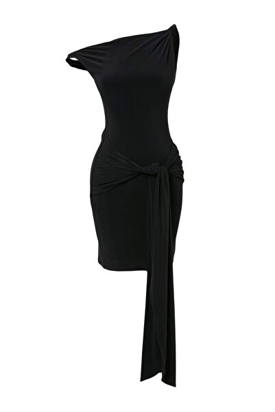 Trendyol Collection فستان أسود محبوك بنقشة حيوانات قصير/ميني بدون بطانة
