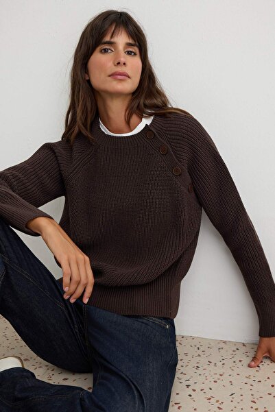 Trendyol Collection More Sustainable Brown Button Detailed Knitwear Sweater T...