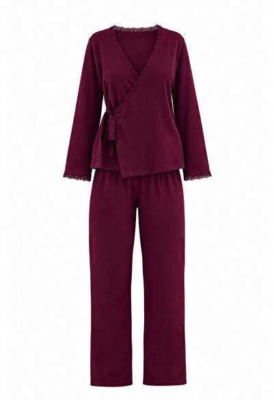 Trendyol Collection Plum 100% Cotton Floral Lace Detailed Pointel Knitted Paj...