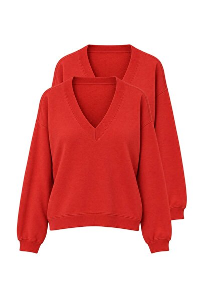 Trendyol Collection Red V-Neck Extra Oversize/Wide Cut Low Sleeve Thick Knitt...