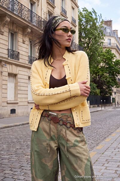 Trendyol Collection Yellow Color Block Thick Stand Collar Oversize Mandarin K...