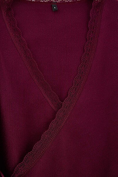 Trendyol Collection Plum Lace Double Breasted Waffle Knitted Pajama Set Thmaw...