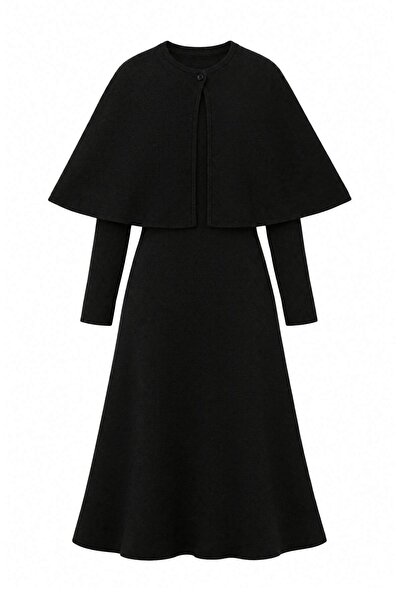 Trendyol Modest فستان أسود محتشم من الصوف المحبوك بأزرار مرصعة بالجواهر TCTAW...