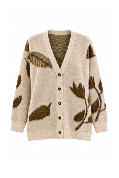 Trendyol Collection Ecru Soft Textured Floral Wide Fit Knitwear Cardigan Twoa...