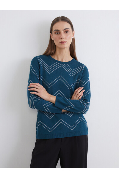 LC Waikiki Nevavm Lcw Grace Petrol Oval Collar Patterned Women's Knitwear Swe...