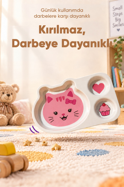 Wumboo 3-Compartment Animal Patterned Melamine Children's Plate - Extra Durable Bpa Free Feeding Plate - Pink Cat