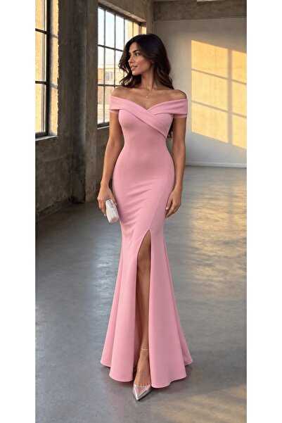 Modafeminen Crepe Fabric Short Sleeve Boat Neck Slit Detail Maxi Evening Dres...