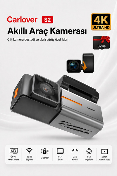 Carlover S2 4k Wifi Ön - Arka Araç Kamerası Uyumlu