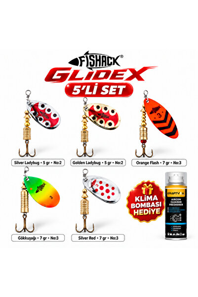 Fishack GlideX 5'li Döner Kaşık Seti + 1 Klima Bombası Hediye - Silver Ladybug 5 gr No:2 + Golden La