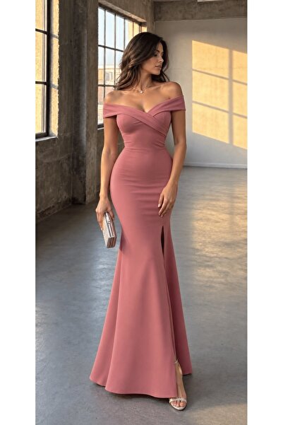 Modafeminen Crepe Fabric Short Sleeve Boat Neckline Slit Detail Maxi Length E...