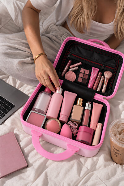 YOYOSO Kilitli Makyaj Çantası Valizi Pembe, Su Geçirmez Darbeye Dayanıklı Kozmetik Organizer 30 x 23 x 16 cm